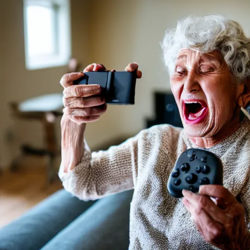 Prompt: elderly woman screaming at a nintendo switch, canon eos r 3, f / 1. 4, iso 2 0 0, 1 / 1 6 0 s, 8 k, raw, unedited, symmetrical balance, wide angle