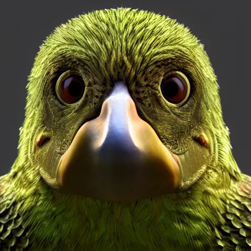 Image similar to photorealistic high resolution 3 d render of kakapo portrait, unreal engine 5, trending on artstation, volumetric lighting, subsurface scattering, highly detailed realistic human skin texture