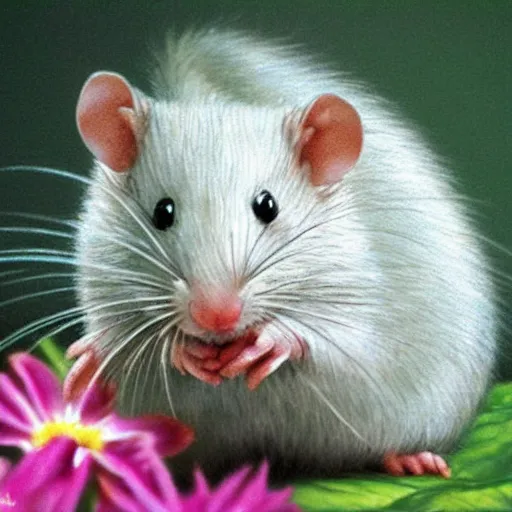 Image similar to photo realistic white rat holding a flower cinematic composition, hyper realism, cute