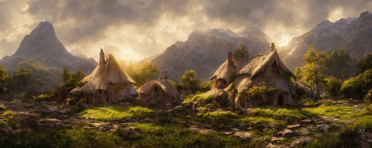 Image similar to most epic dramatic bag end shire landscape. epic cinematic hyperrealism masterpiece. realistic poster with shaded lighting by craig mallismo, artgerm, jeremy lipkin and michael garmash, unreal engine, radiant light, detailed and complex environment, digital art, art station trends