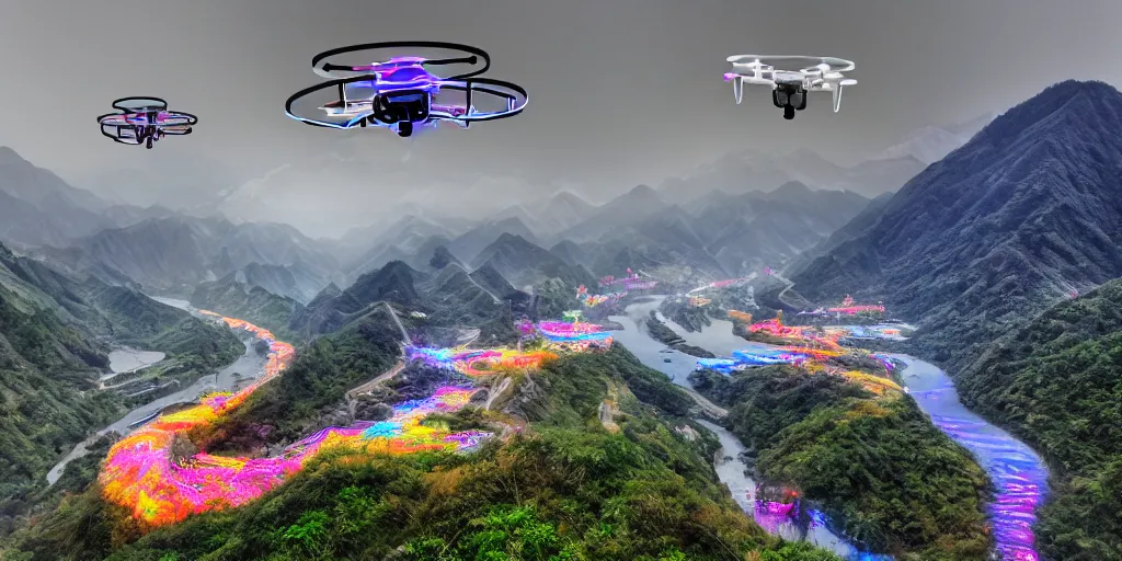 Prompt: hypercomplex masterpiece photograph of a white shiny plastic drone trailing colorful neon smoke high above chinese mountain river landscape, grey skies, daylight, drone, hard surface modeling, detailed, realistic, clear focus, depth of field, bokeh, reflections, glossy, photograph, photo, 8 k, hdr, 4 k