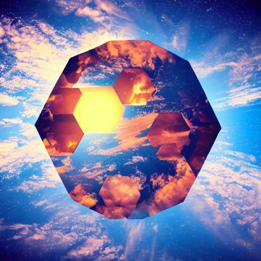 Image similar to hexagon floating above planet earth, sun in space, trending on art station, retro futurism, photo realistic, perspective