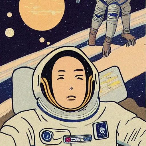 Image similar to An astronaut in space, in the style of kawase hasui