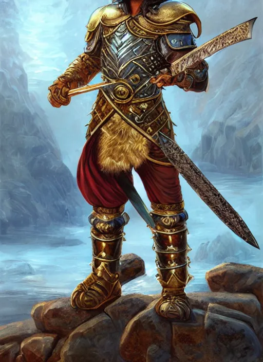 Prompt: strong gladiator holding legendary sword, fantasy, man, gilded shiny armour, intricate, highly detailed, digital painting, artstation, concept art, wallpaper, smooth, sharp focus, illustration, illumination, raytracting, art by larry elmore, jeff easley, clyde waldwell, keith parkinson, daniel r horne