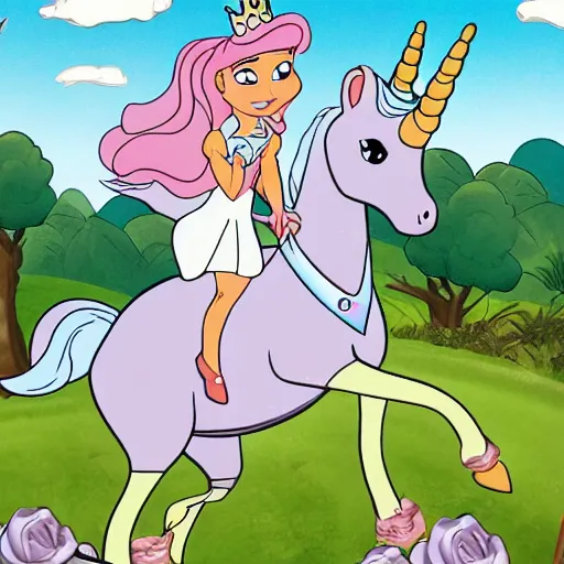 Prompt: a princess from a cartoon riding a unicorn