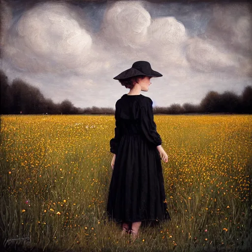 Image similar to a girl standing in a field, wearing black old dress and hat, by andrea kowch, andrea kowch style painting, dark, scene, magicrealism, flowers in background,