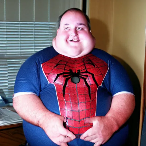 Image similar to portrait photo of old, fat spiderman working at a desk