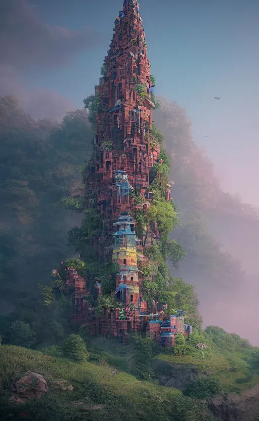 Image similar to a brick wizard tower on a hill, magical, mystical. intricate artwork by Tooth Wu and wlop and beeple. octane render, hyper realism, 8k