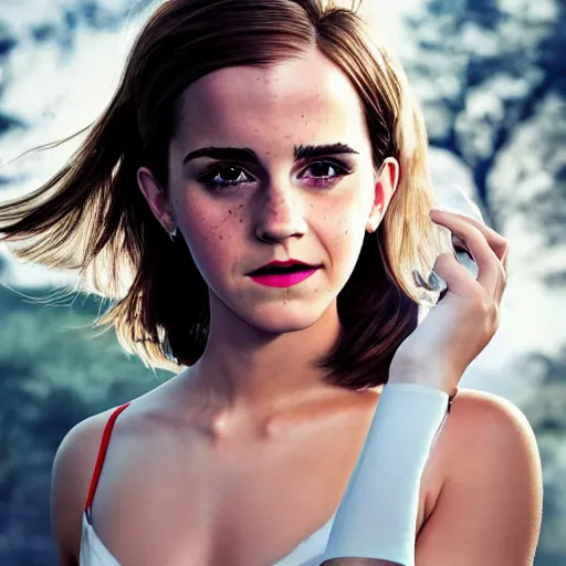 Prompt: full shot photograph portrait of a woman as Emma Watson as Dva from Overwatch, elegant, 70mm lens, outdoors lighting, nature background, symmetric circular iris, detailed moisture, detailed droplets, detailed intricate hair strands, DSLR, ray tracing reflections, symmetrical face and body, gottfried helnwein and Irakli Nadar, eye reflections, focused, unreal engine 5, vfx, post processing, post production, single face