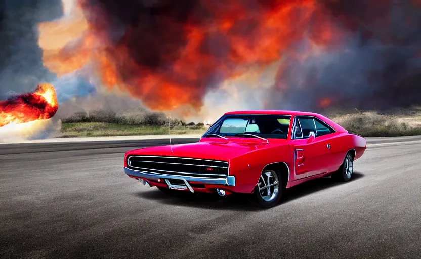 Prompt: a red 1 9 6 8 dodge charger r / tdriving high speed, fire explosion in the background, action scen. realistic. high resolution. dramatic