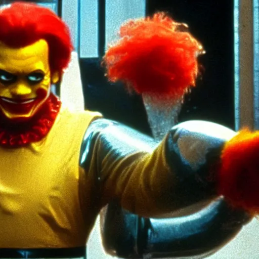 Image similar to A still of Ronald McDonald as a supervillain in a 1980s movie