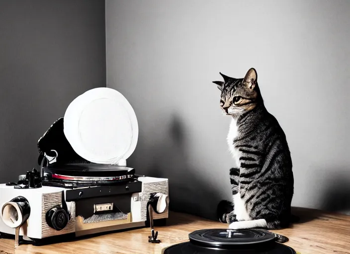 Image similar to photography of a Cat sitting on a record player. in a room full of posters, photorealistic, raining award winning photo, 100mm, sharp, high res