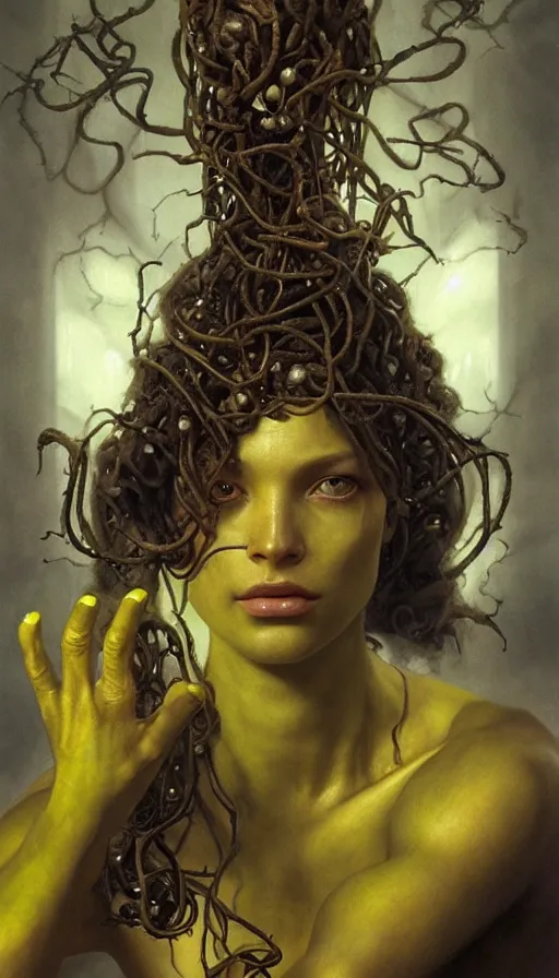 Prompt: epic masterpiece Medusa, drama, sweaty skin, hyperrealistic, octane render, cinematic, beautiful face and flawless skin, perfect hands, 5 fingers, yellow by Edgar Maxence and Ross Tran and Michael Whelan and Lorenzo Sperlonga, Brom, Legends of Runeterra