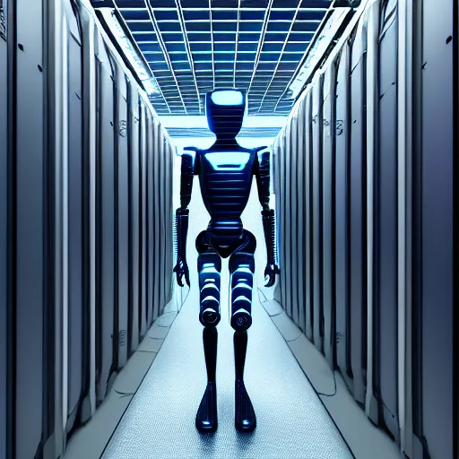 Image similar to hyperrealism stock photo of highly detailed stylish humanoid robot in sci - fi style by gragory crewdson and vincent di fate in the highly detailed data center by mike winkelmann and laurie greasley rendered in blender and octane render