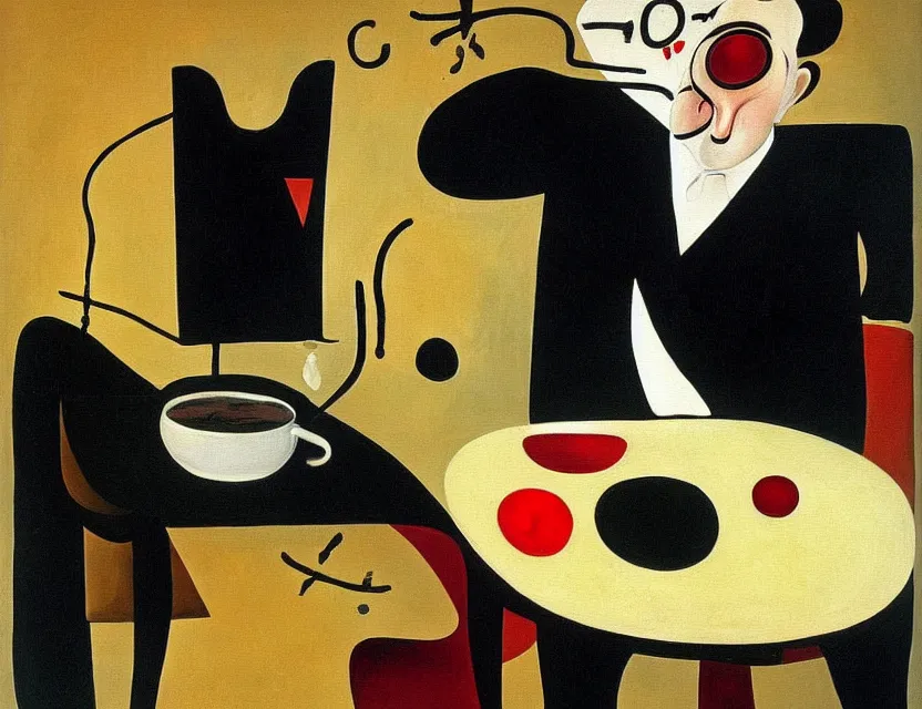 Image similar to a painting of a old and strange dusty professor in black suite making a study of drinking 1 0 cups of black coffee in a kitchen that is slowly melting, styled and painted by joan miro and giorgio de chirico