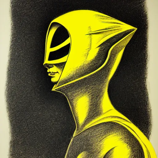 Image similar to yellow ranger lithography on paper conceptual figurative ( post - morden ) monumental dynamic soft shadow portrait drawn by hogarth and escher and francis bacon, inspired by goya, illusion surreal art, highly conceptual figurative art, intricate detailed illustration, controversial poster art, polish poster art, geometrical drawings, no blur