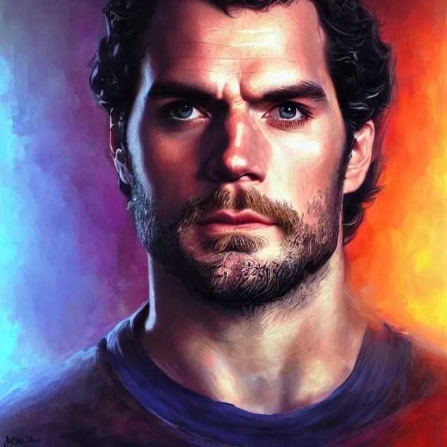 Prompt: portrait of a henry cavill by mandy jurgens, cartoon, oil painting, visionary art, symmetric, magick symbols, holy halo, dramatic ambient lighting, high detail, vibrant colors,