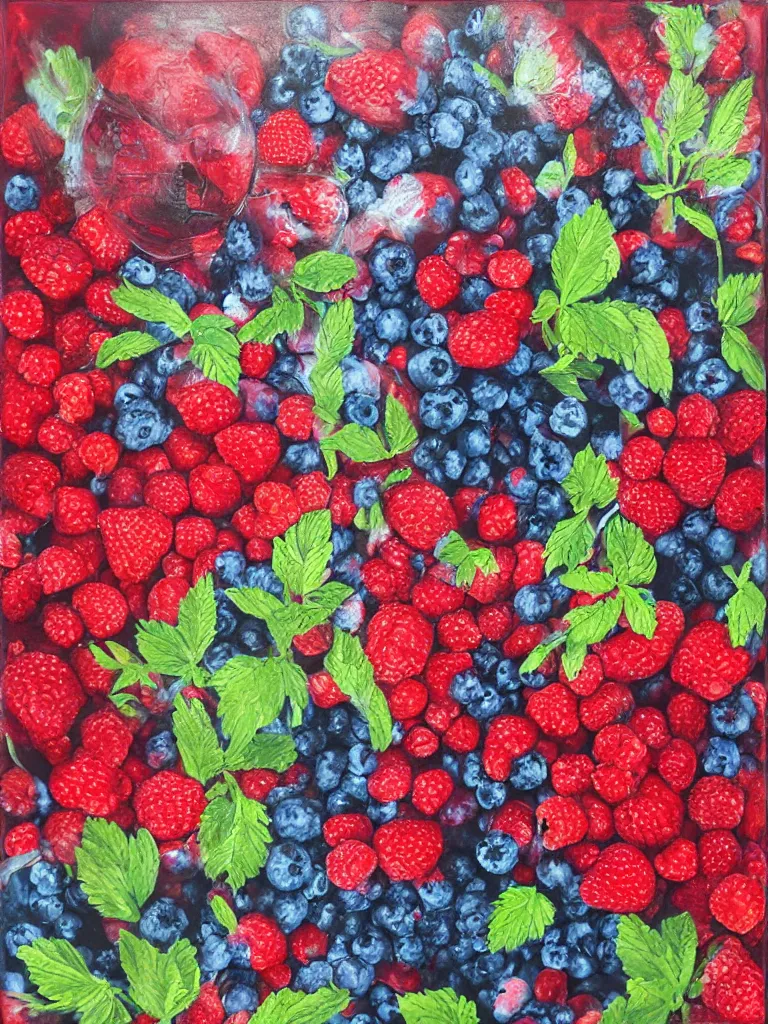 Image similar to “organic, a woman’s hands holding fresh raspberries and strawberries and blueberries, edible flowers, acrylic and spray paint and oilstick on canvas”