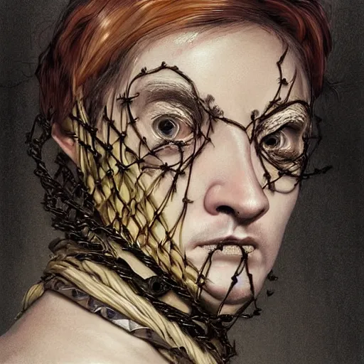 Prompt: portrait of a Shibari razor wire wrapped face and neck, headshot, insanely nice professional hair style, dramatic hair color, digital painting, of a old 17th century, old cyborg merchant, amber jewels, baroque, ornate clothing, scifi, realistic, hyperdetailed, chiaroscuro, concept art, art by Franz Hals and Jon Foster and Ayami Kojima and Amano and Karol Bak,