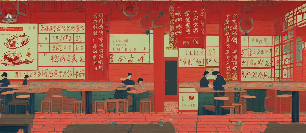 Image similar to a beautiful simple 4 k hd wall paper illustration of interior view of the corner of roasted string hotpot shop, simple style, wall painting, from china, with merchant logo, simple structure, surrealistic, chinese style, victo ngai, james jean, denoise, deblurring