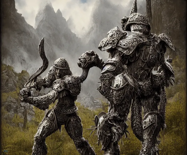 Image similar to trailcam footage grotesque horrific stylistic vray 3 d render of silver ornate armor slim bodybuilder handsome warriors in battle, mountains and giant gothic abbeys, hyperrealism, fine detail, 8 k, artsation contest winner, cgsociety, fantasy art, cryengine, brush strokes, oil canvas by mandy jurgens and michael whelan