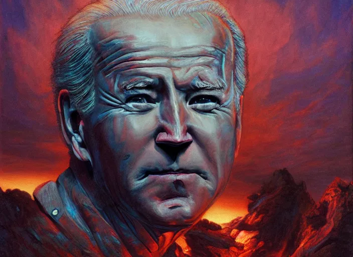Prompt: joe biden, glowing veins subsurface scattering, deep sea, sunset, portrait by gerald brom, by mikhail vrubel, by peter elson, muted colors, extreme detail, trending on artstation, 8 k