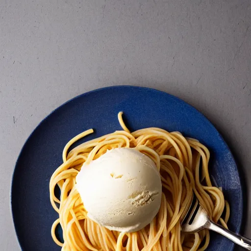 Prompt: single scoop of vanilla ice cream on top of a plate of steaming spaghetti, high resolution photograph, picnic at sunset