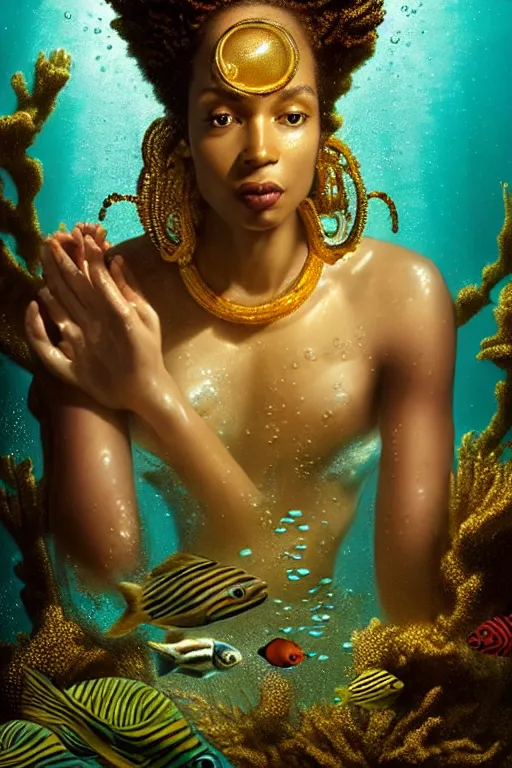 Image similar to hyperrealistic neo - rococo cinematic half underwater scene with fish and algae, very expressive! translucent elegant african goddess getting out of water, gold jewerly, highly detailed face, digital art masterpiece, aykut aydogdu zener, dramatic volumetric light, long shot, low angle uhd 8 k, sharp focus