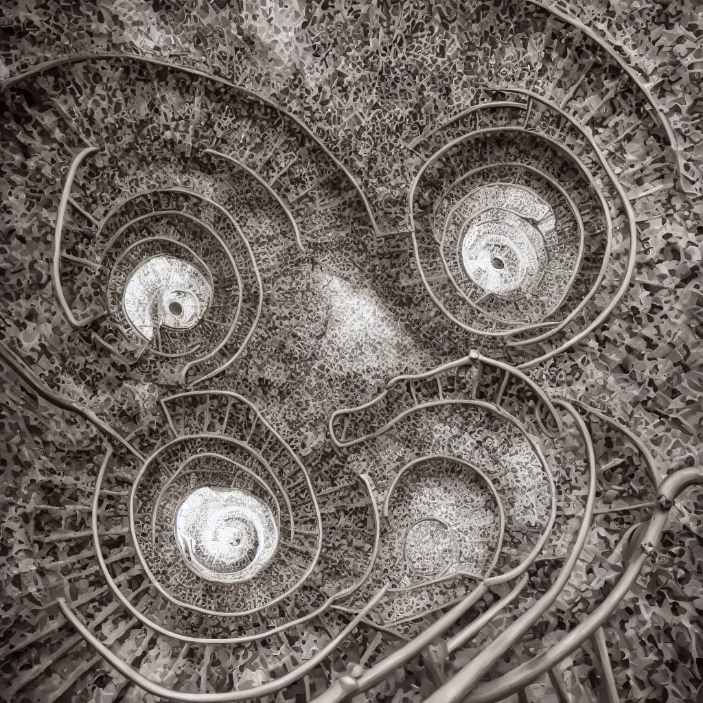 Image similar to grand spiral stairscase going down deep in a hole, by etienne - louis boullee and gaudi, leica, high quality, high detailed