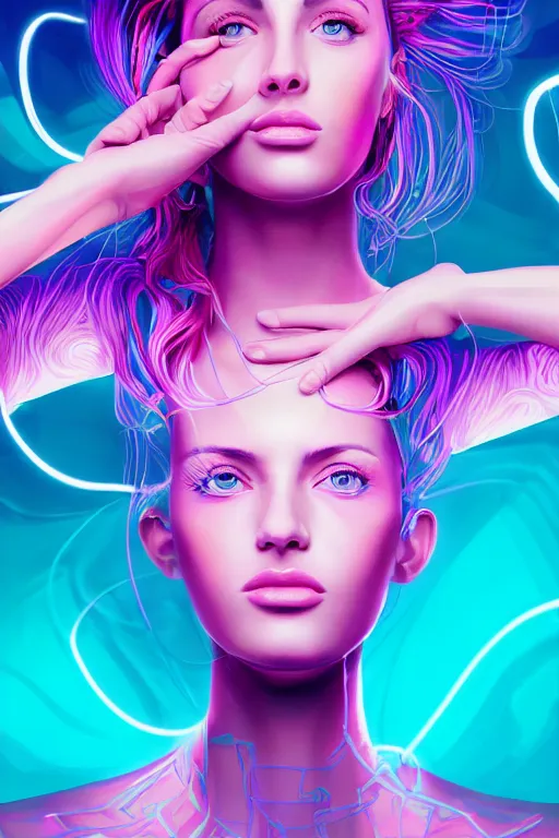 Image similar to a award winning half body portrait of a beautiful woman with stunning eyes in a croptop and cargo pants with ombre purple pink teal hairstyle and hands in pockets by thomas danthony, surrounded by whirling illuminated lines, outrun, vaporware, shaded flat illustration, digital art, trending on artstation, highly detailed, fine detail, intricate