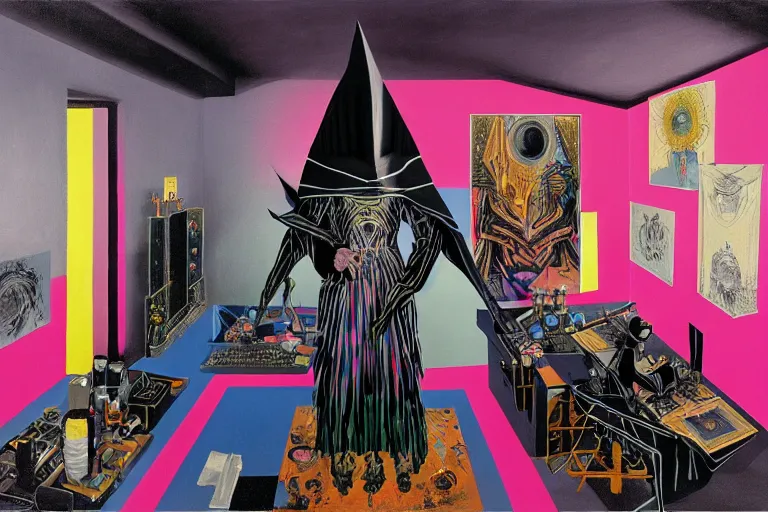 Image similar to a highly detailed beautiful masterpiece painting of a technomancer wizard in dazzle camouflage robes with pointed hood tampering with the world engine in his laboratory near a computer by Remedios Varo and Anato Finnstark and Greg Rutkowski and Andy Warhol, dayglo pink, dayglo blue, prismatic, pearlescent white, raven black, hyperrealism, 8k, trending on ArtStation, rendered in Octane, rendered in Unreal engine, award winning, volumetric lighting