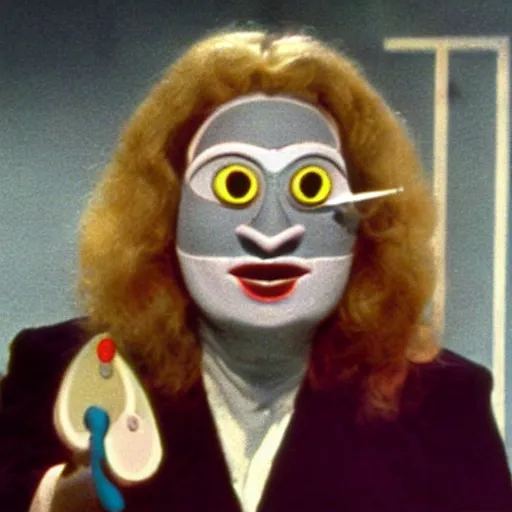 Image similar to woman with prosthetic nose enters an eyeball cult, 1981 children's tv show, color