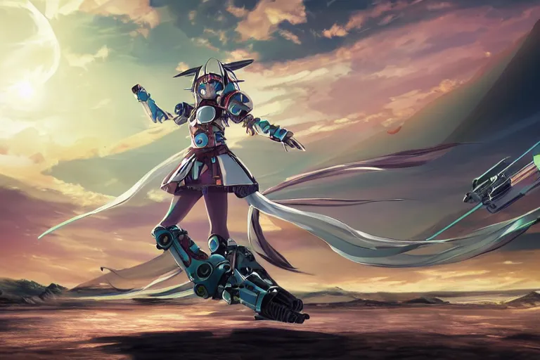 Prompt: wide - angled shot of an anime final fantasy star ocean female hungarian tribal robes scarf girl character riding a giant mecha with mechanical jet pack skates running speeding through scifi mystical steppe