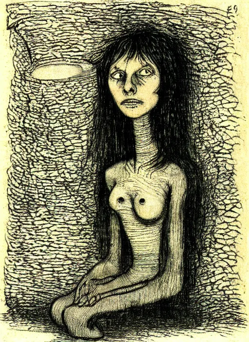 Prompt: a portrait of a pretty sewer punk young lady by alfred kubin