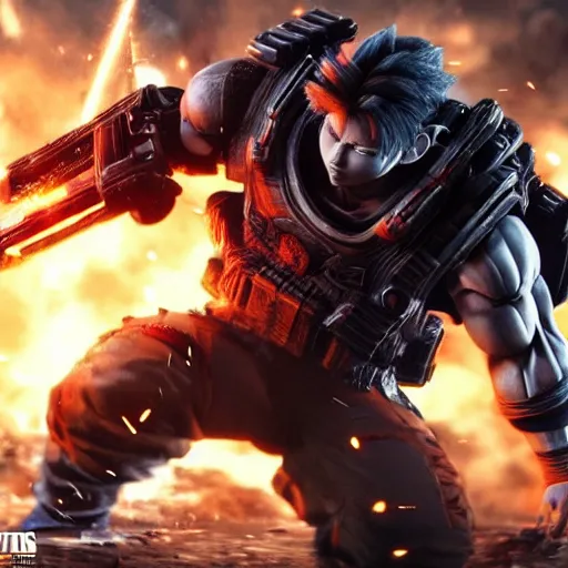 Image similar to goku in gears of war battlefield 5, splash art, movie still, cinematic lighting, dramatic, octane render, long lens, shallow depth of field, bokeh, anamorphic lens flare, 8 k, hyper detailed, 3 5 mm film grain