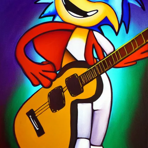 Image similar to oil painting of a sonic plays guitar