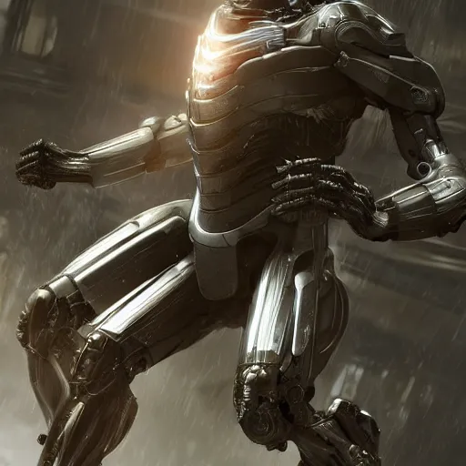 Image similar to Nanosuit from Crysis 4 fighting a cyborg, by Cedric Peyravernay, highly detailed, excellent composition, cinematic concept art, dramatic lighting, trending on ArtStation