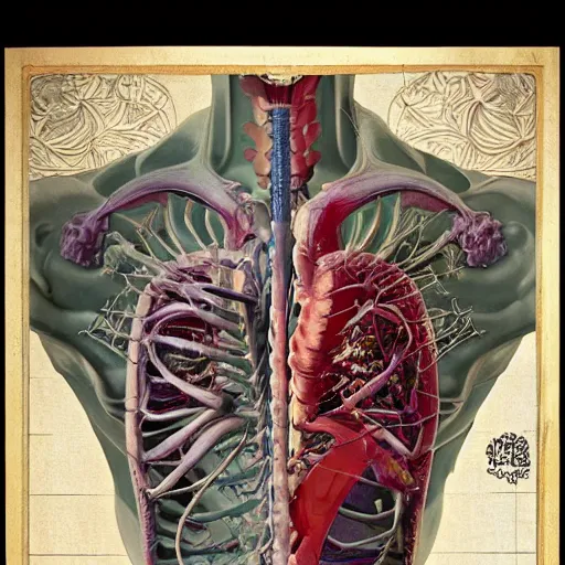 Prompt: ghost in the shell, highly detailed labeled medical anatomy poster, anatomical drawing on poster paper with notes, extra beautiful colorful full page antique lithograph of artnouveau borders and designs, muted colors, parchment paper, art print, well - lit, ray tracing, horror, eldritch abomination, hyper realistic, 8 k post - processing
