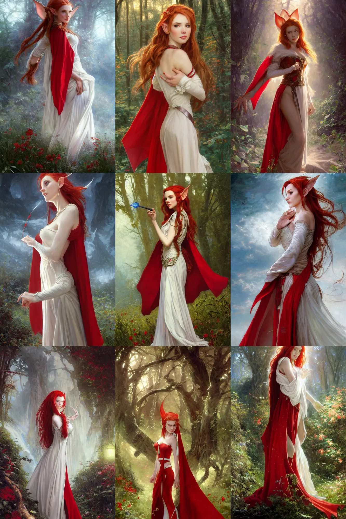 Prompt: hyper-realistic portrait of beautiful high-fantasy elf girl with red hair long pointed ears wearing an off-white gown and a red cloak, moolight, night, ethereal, intricate details, rule of thirds, by Stanley Artgerm Lau, by greg rutkowski, by thomas kindkade, by alphonse mucha, loish, by norman rockwell J.