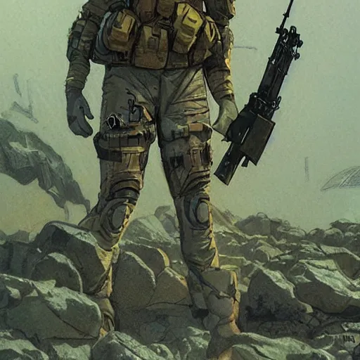 Image similar to Maria. USN special forces recon operator in near future gear, cybernetic enhancement, on patrol in the Australian neutral zone, Barren landscape. 2087. Concept art by James Gurney and Alphonso Mucha