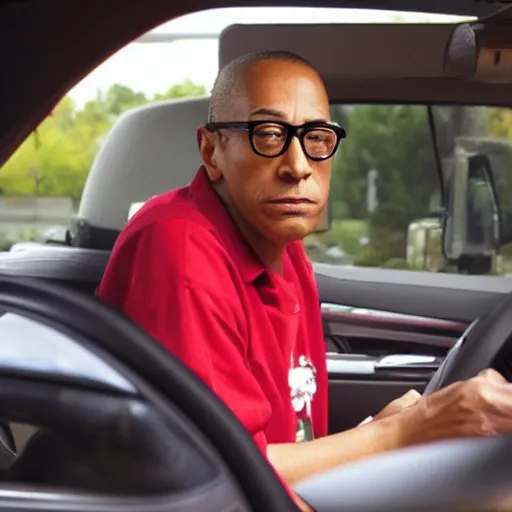 Image similar to Gus Fring sitting at a mcdonalds drive thru