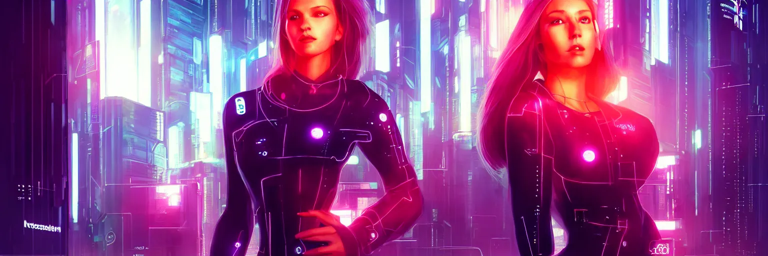 Prompt: portrait of a single scandinavian female humanoid in a cyberpunk cityscape, half body cropping, elegant glamor pose, accurate anatomy, cyber neon lighting, bokeh, rule of thirds, hyper photorealistic, crispy quality, digital photography, art by pascal blanche, art by artgerm, art by greg rutkowski,