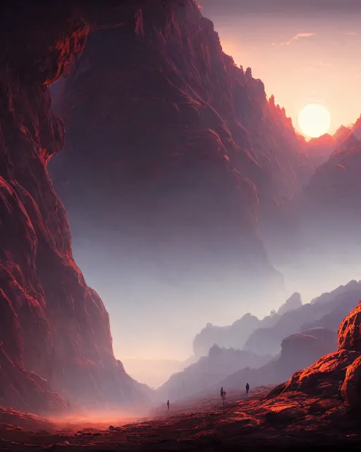 Image similar to double sunrising in the valley of fire, environment art, fantasy art, landscape art, in the style of greg rutkowski, illustration, epic, fantasy, intricate, hyper detailed, artstation, concept art, smooth, sharp focus, ray tracing