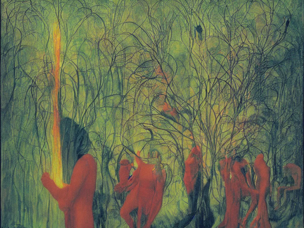 Image similar to phosphorescent long needled human in a bush. a carnivorous plant. painting by mikalojus konstantinas ciurlionis, bosch, max ernst, agnes pelton, rene magritte