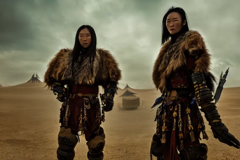 Image similar to vfx film closeup, futuristic mongolian biker warriors, sci - fi mongolian village, robot stand - off, flat color profile low - key lighting award winning photography arri alexa cinematography, hyper real photorealistic cinematic, atmospheric cool colorgrade