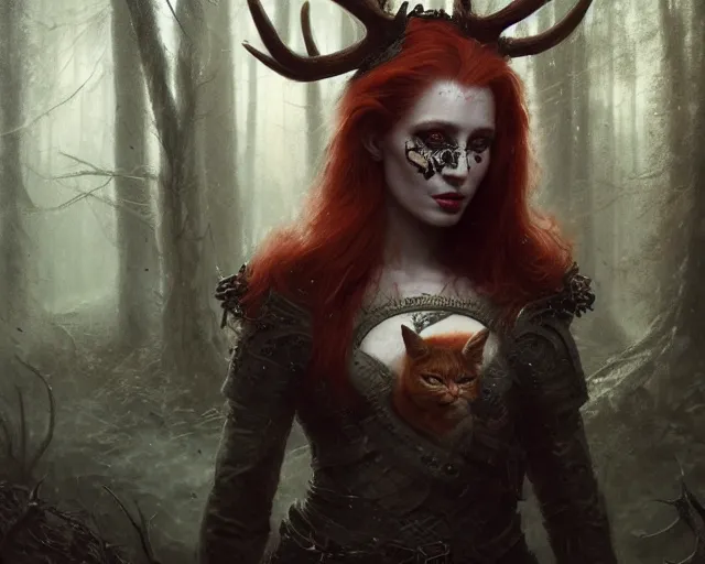 Image similar to 5 5 mm portrait photo of an armored gorgeous aesthetic redhead woman warrior with a face tattoo and antlers growing from her head and cat on her shoulder, in a magical forest. dark atmosphere. art by greg rutkowski. highly detailed 8 k. intricate. lifelike. soft light. nikon d 8 5 0.