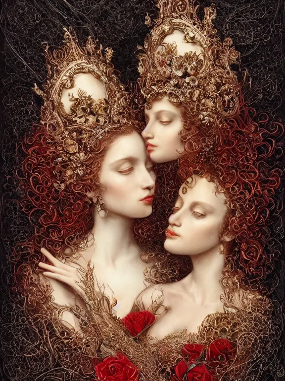 Prompt: a beautiful portrait render of two red veiled queen with baroque symmetry intricate detailed ,heart,pray,love,crystal-embellished,by Daveed Benito,LEdmund Leighton,Virginie Ropars,peter gric,aaron horkey,Billelis,trending on pinterest,hyperreal,gold,silver,ivory,maximalist,glittering,golden ratio,cinematic lighting