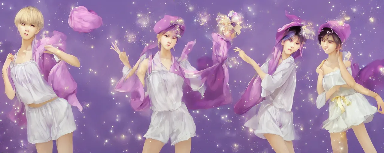 Prompt: Full View of a mysterious kpop fairy girl group with short blond hair wearing an oversized purple Beret, Baggy Purple overall shorts, Short Puffy pants made of silk, silk shoes, a big billowy scarf, Golden Ribbons, white leggings Covered in stars. Short Hair. peasant magic. masterpiece 4k digital illustration by Ruan Jia and Mandy Jurgens and Artgerm and william-adolphe bouguereau, award winning, Artstation, art nouveau aesthetic, Alphonse Mucha background, intricate details, realistic, panoramic view, Hyperdetailed, 8k resolution, intricate art nouveau