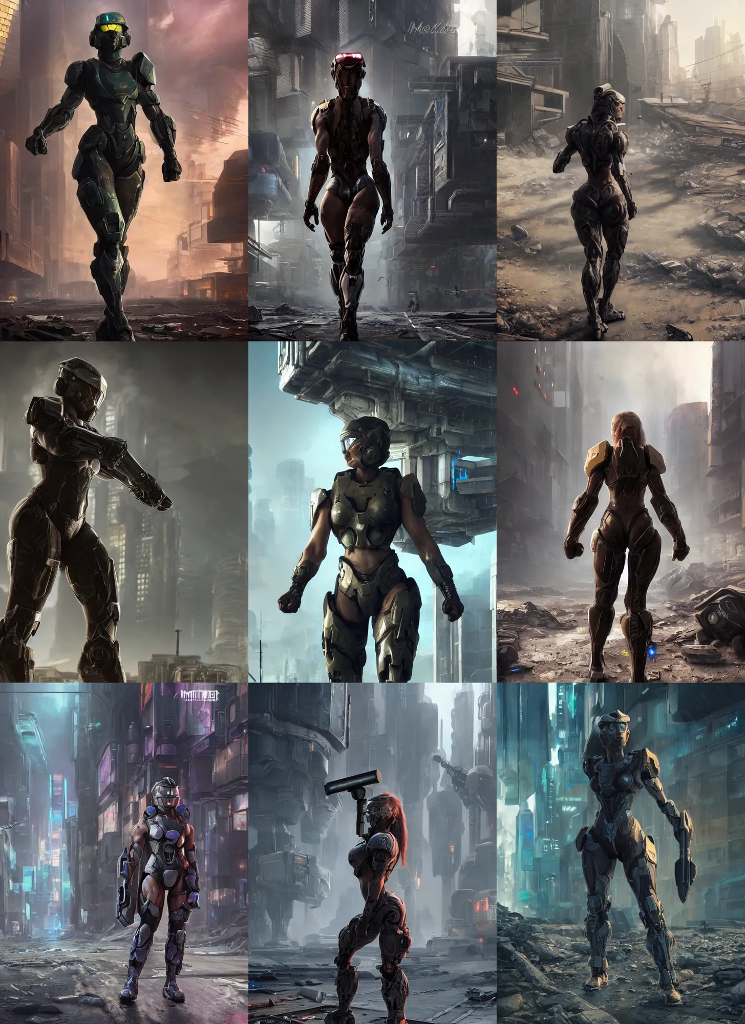 Prompt: a female body builder walking in a cyberpunk wasteland facing the camera, mjolnir armor from halo infinite no helmet, attractive female face, ultra realistic, very highly detailed, 8K, octane render, Digital painting, concept art, illustration, rule of thirds, sharp focus, centered, good value control, realistic shading, Mike Nash