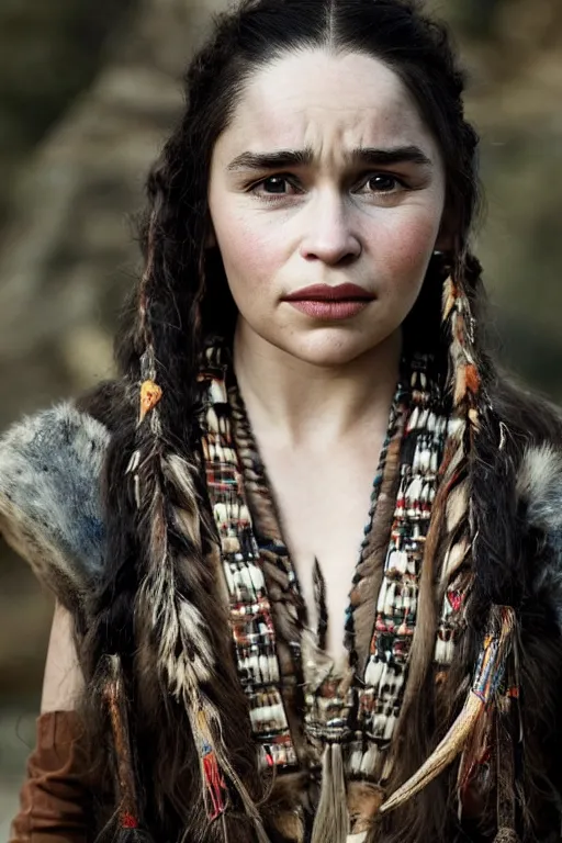 Image similar to Photo of Native American indian woman Emilia Clarke, portrait, skilled warrior of the Apache, ancient, realistic, detailed, Emilia Clarke